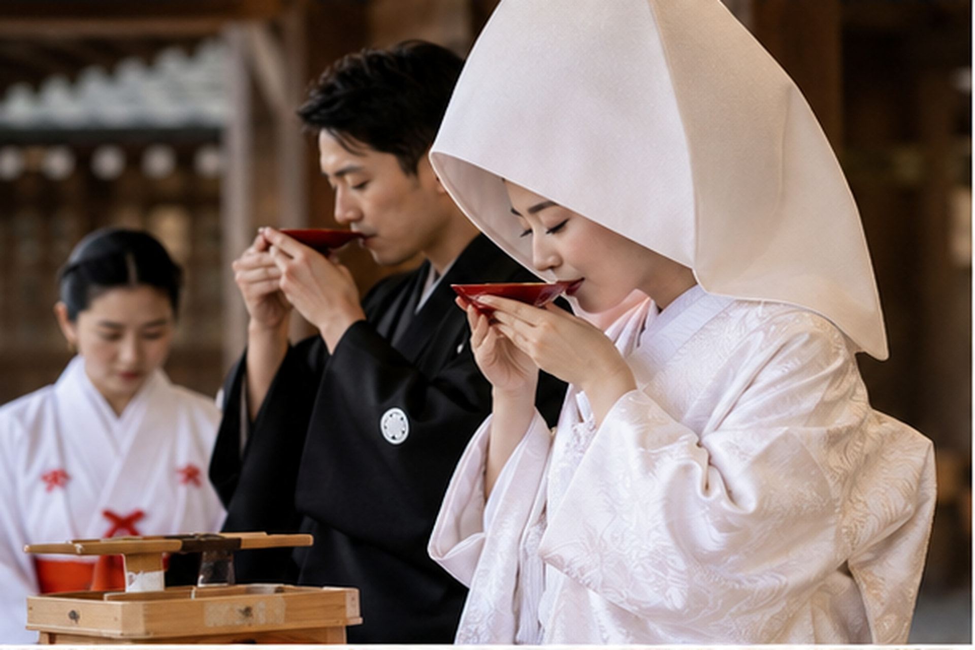 Casal durante ritual tradicional japonês de casamento com pequenas taças de saquê.