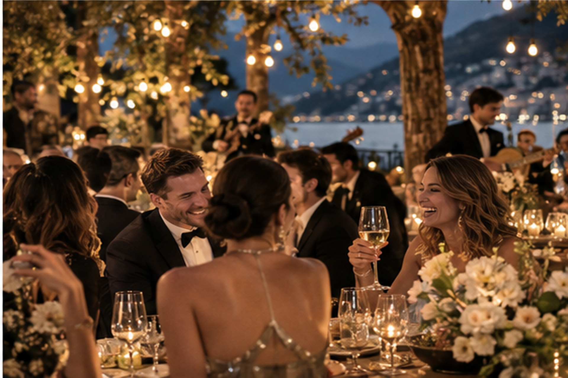 Convidados reunidos à mesa durante uma celebração de casamento ao ar livre à noite.