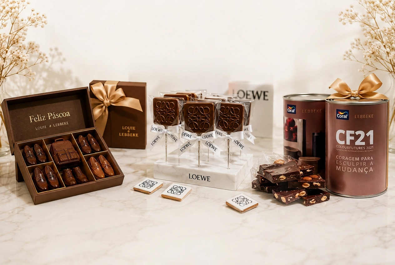 Projetos corporativos exclusivos Lebbeke — coleções Louie, Loewe e Coral em chocolate