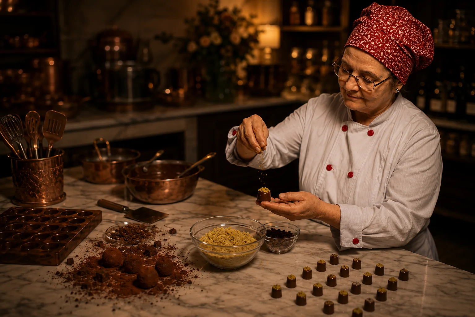Nelise preparing chocolates in the Lebbeke atelier