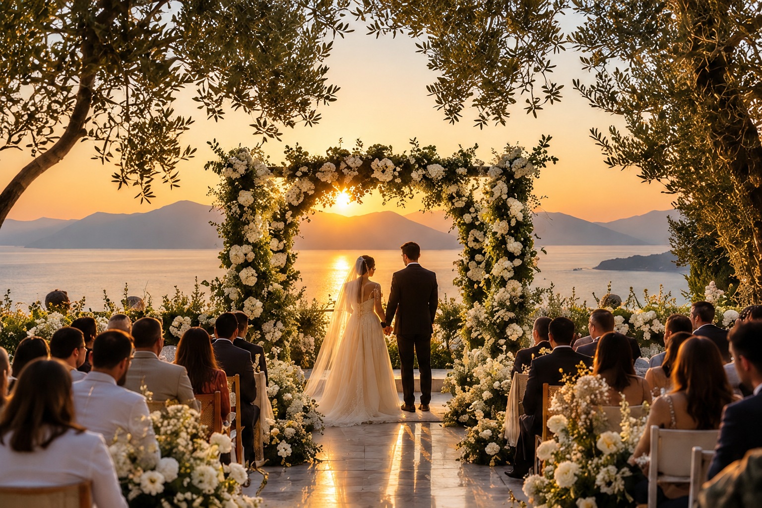 Cerimônia de casamento ao pôr do sol diante do mar, cercada por flores e convidados — Edição Nº 012 do Observatório Lebbeke