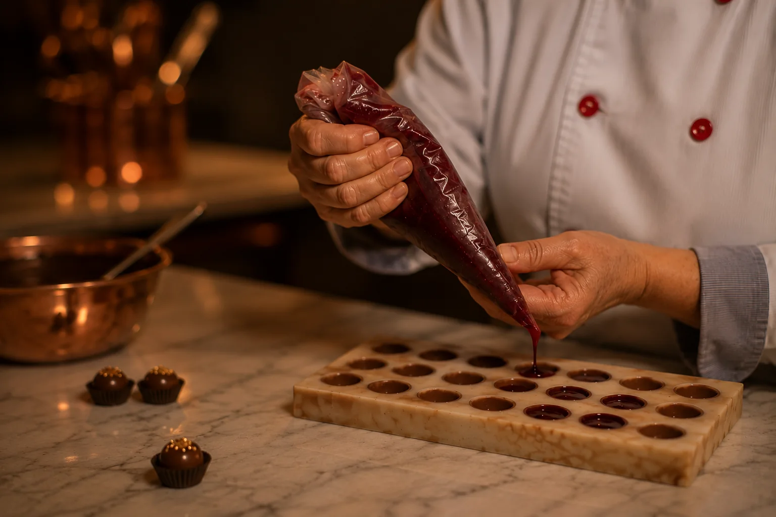 Mãos artesanais preparando recheio de bombons no ateliê Lebbeke