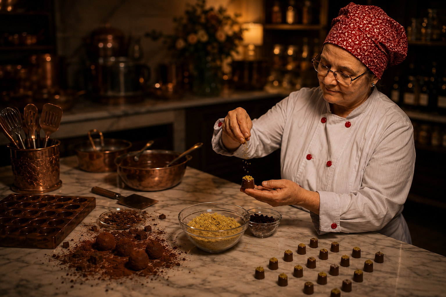 Nelise preparando chocolates no ateliê Lebbeke