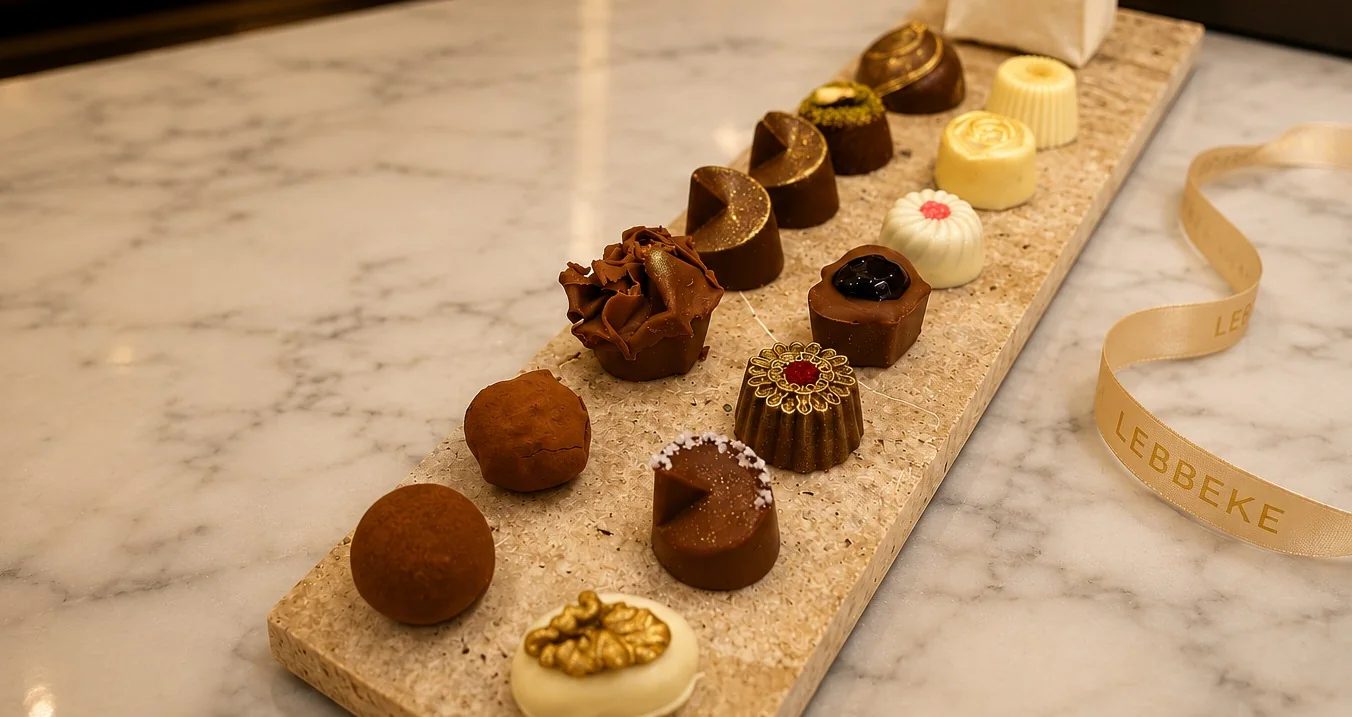 Seleção de bombons artesanais Lebbeke sobre bandeja de mármore e travertino