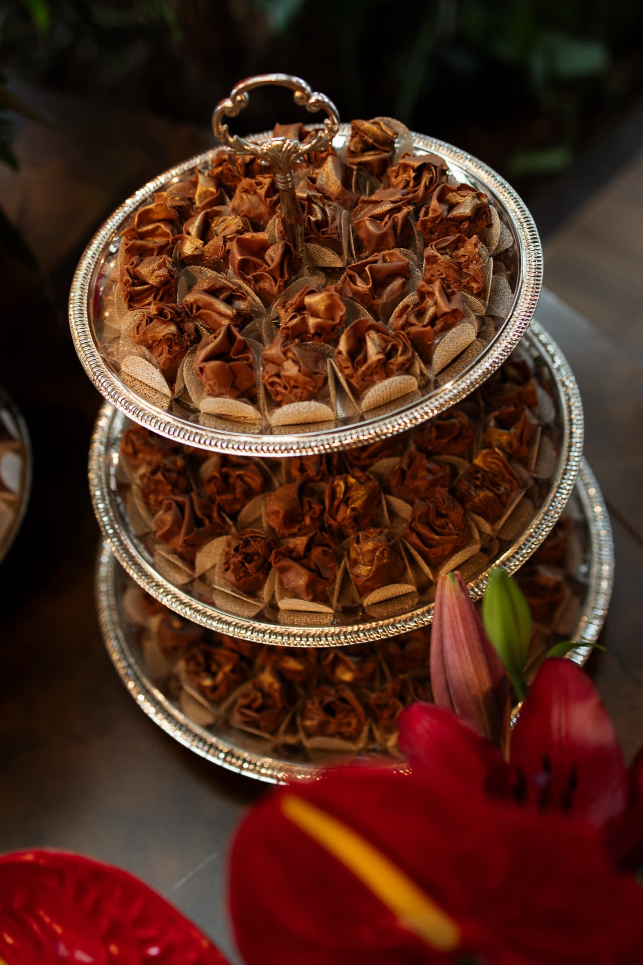 Lebbeke chocolate Camafeus on a three-tiered silver tray