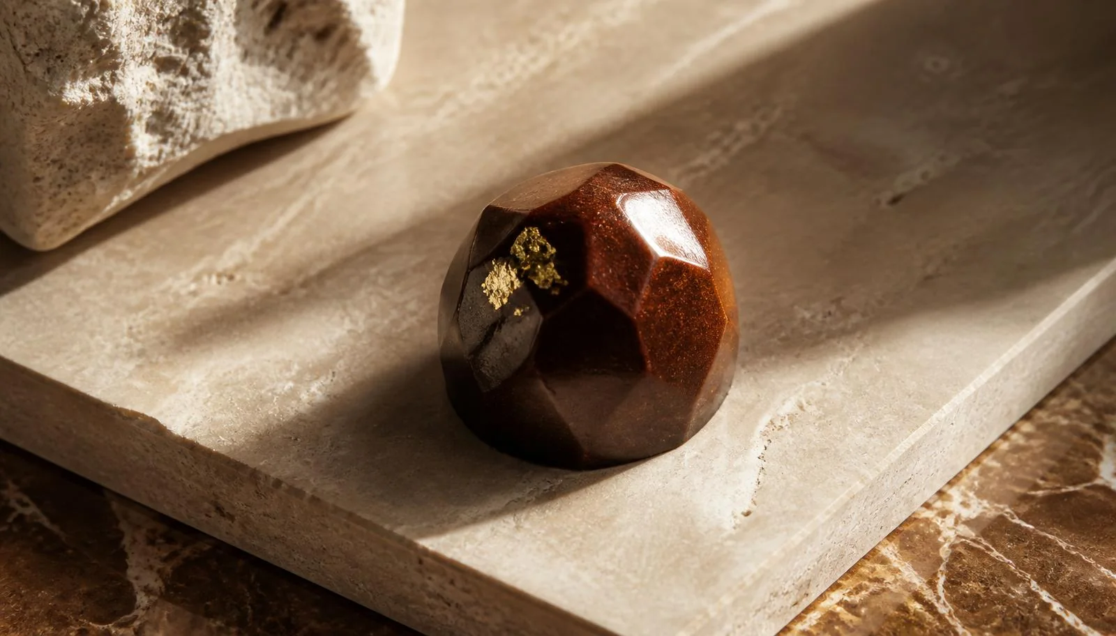 Bombom artesanal de chocolate com superfície facetada e detalhe em folha de ouro sobre travertino — Edição Nº 009 do Observatório Lebbeke