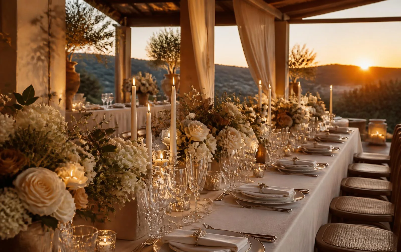 Mesa de recepção de casamento ao entardecer, com flores, velas e cristais — Edição Nº 011 do Observatório Lebbeke