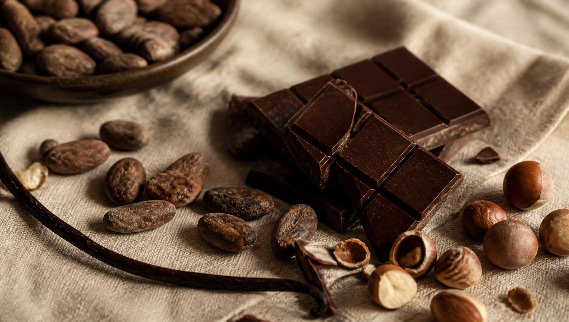 Cacau de origem, favas de baunilha, avelãs e chocolate artesanal sobre linho cru