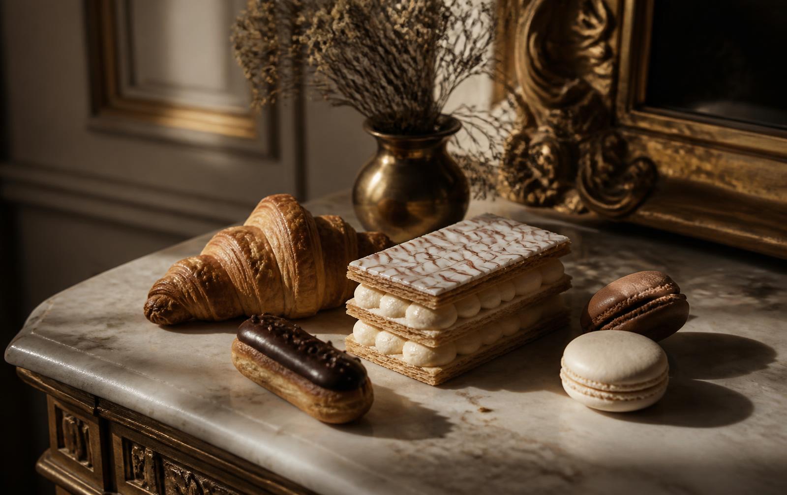 Croissant, mil-folhas, éclair e macarons sobre mármore antigo — Edição Nº 010 do Observatório Lebbeke