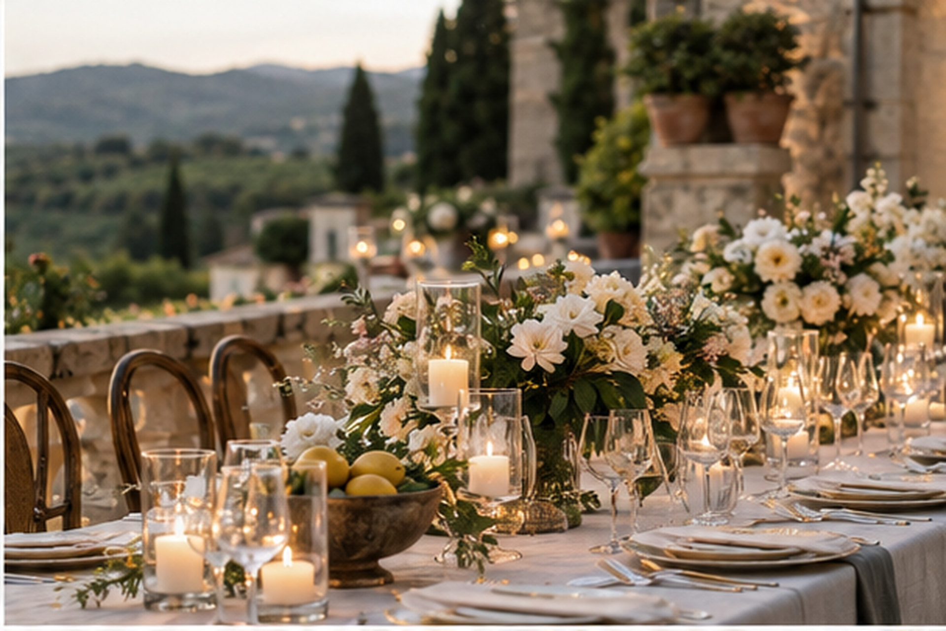 Mesa de casamento ao ar livre com flores, velas, louças e paisagem italiana ao entardecer.