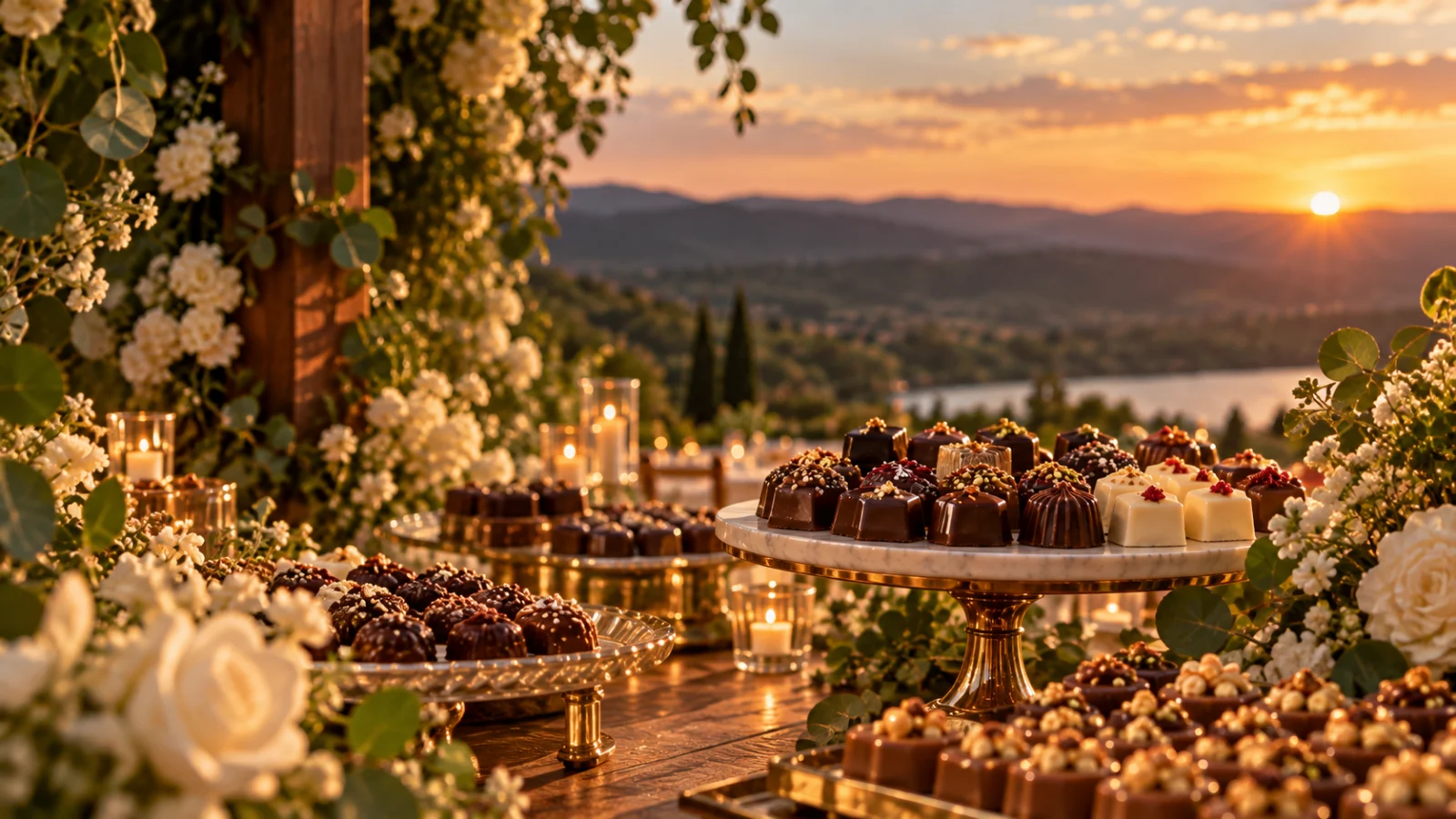 Docinhos e bombons de chocolate em uma mesa de casamento ao ar livre, em uma celebração elegante.