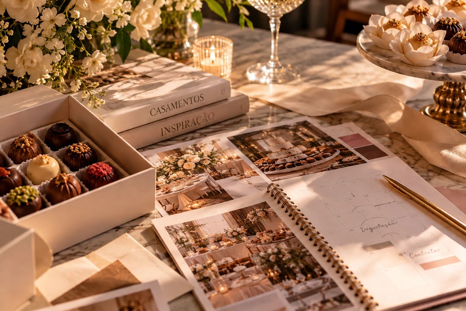Composição editorial de planejamento de casamento, com docinhos finos, referências visuais e agenda sobre uma mesa em tons neutros.
