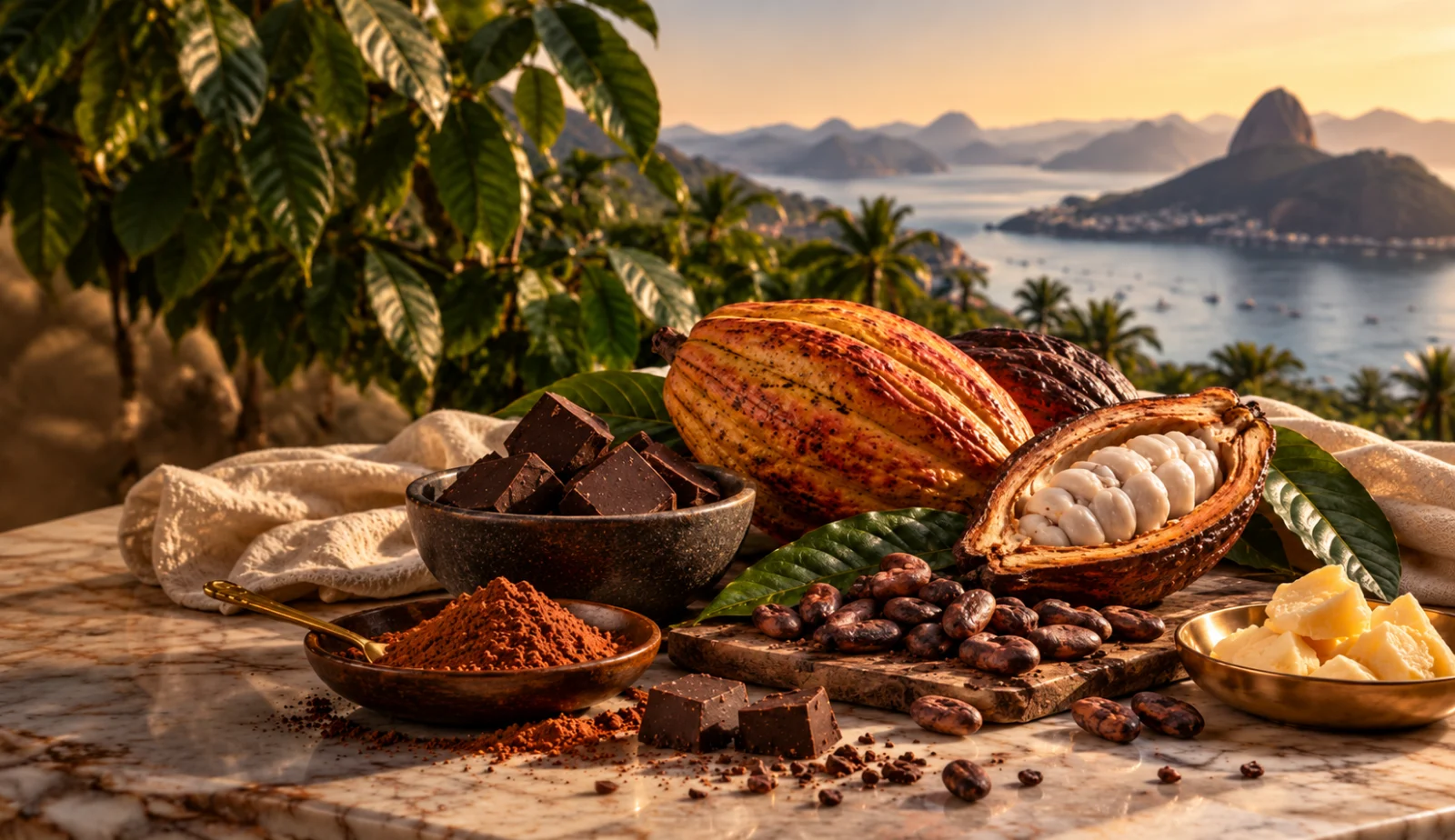 Cacau aberto, amêndoas, chocolate, cacau em pó e manteiga de cacau diante da paisagem do Rio de Janeiro