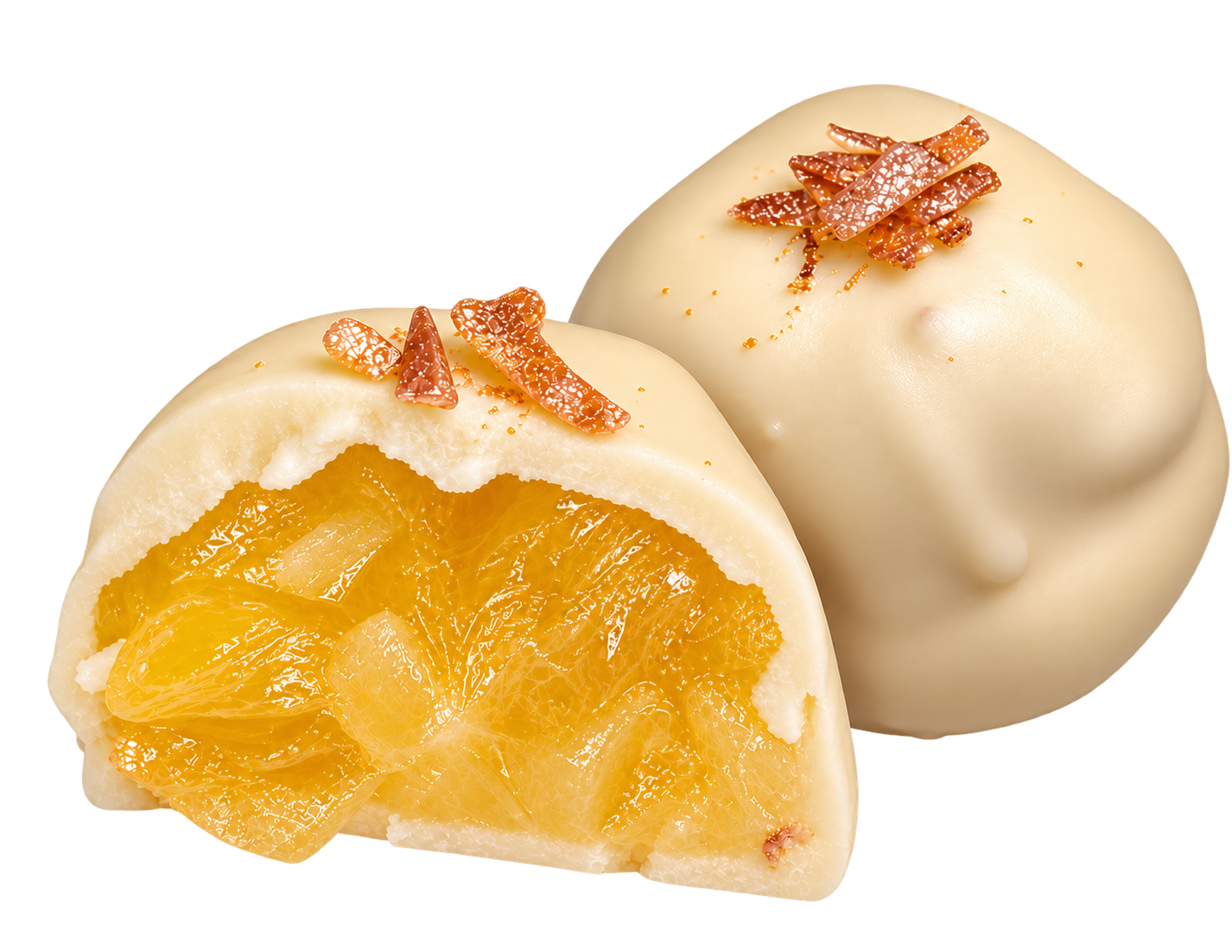 Bombom Abacaxi com Coco, com recheio cremoso de abacaxi e coco, coberto com chocolate branco.